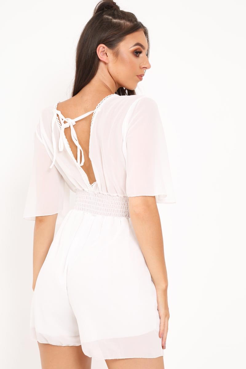 White Crochet Plunge Playsuit -Moana-Playsuits