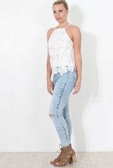 White Crochet Strappy Top - Lexah-Tops