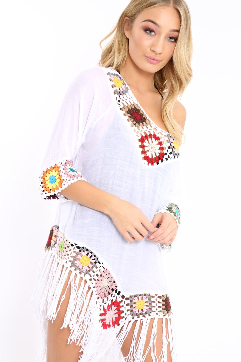 White Crochet Tassel Detail Kaftan - Katrina-Tops