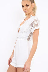 White Crochet V Neck Playsuit - Tarlia-Playsuits