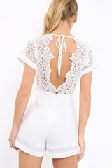 White Crochet V Neck Playsuit - Tarlia-Playsuits