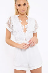 White Crochet V Neck Playsuit - Tarlia-Playsuits