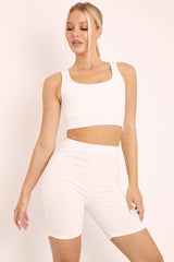 White Crop Top and Cycling Shorts Co-ord Set - Frankie-Co-ords
