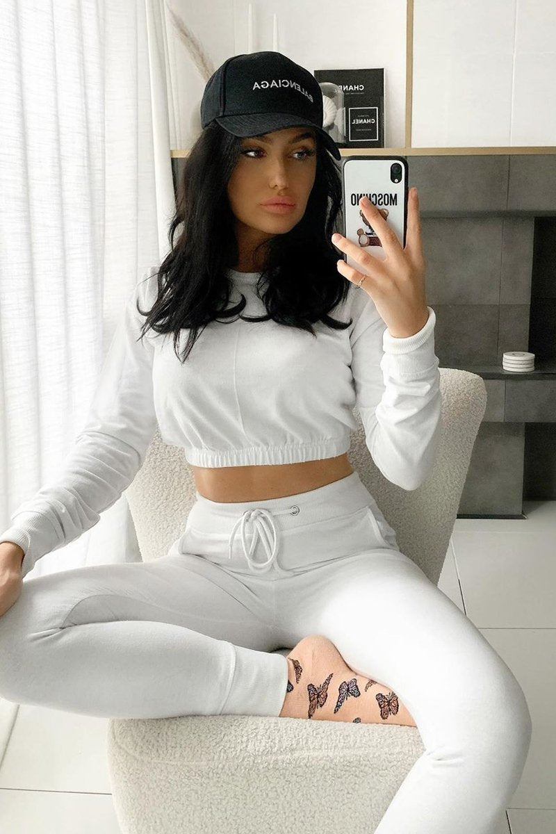 White Crop Top and Slim Jogger Loungewear Co-ord Set - Suzy-Loungewear