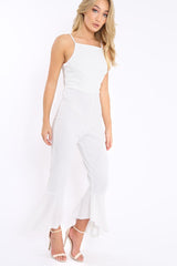 White Cropped Frill Hem Jumpsuit - Sadey-Jumpsuits