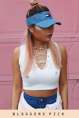 White Cropped Ribbed Lace Up Top - Amelia-Tops