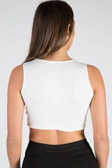 White Cropped Ribbed Lace Up Top - Amelia-Tops