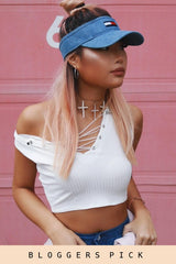 White Cropped Ribbed Lace Up Top - Amelia-Tops