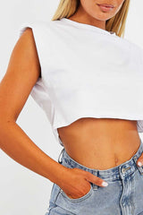 White Cropped Shoulder Pad T-shirt - Ivani-T-shirt