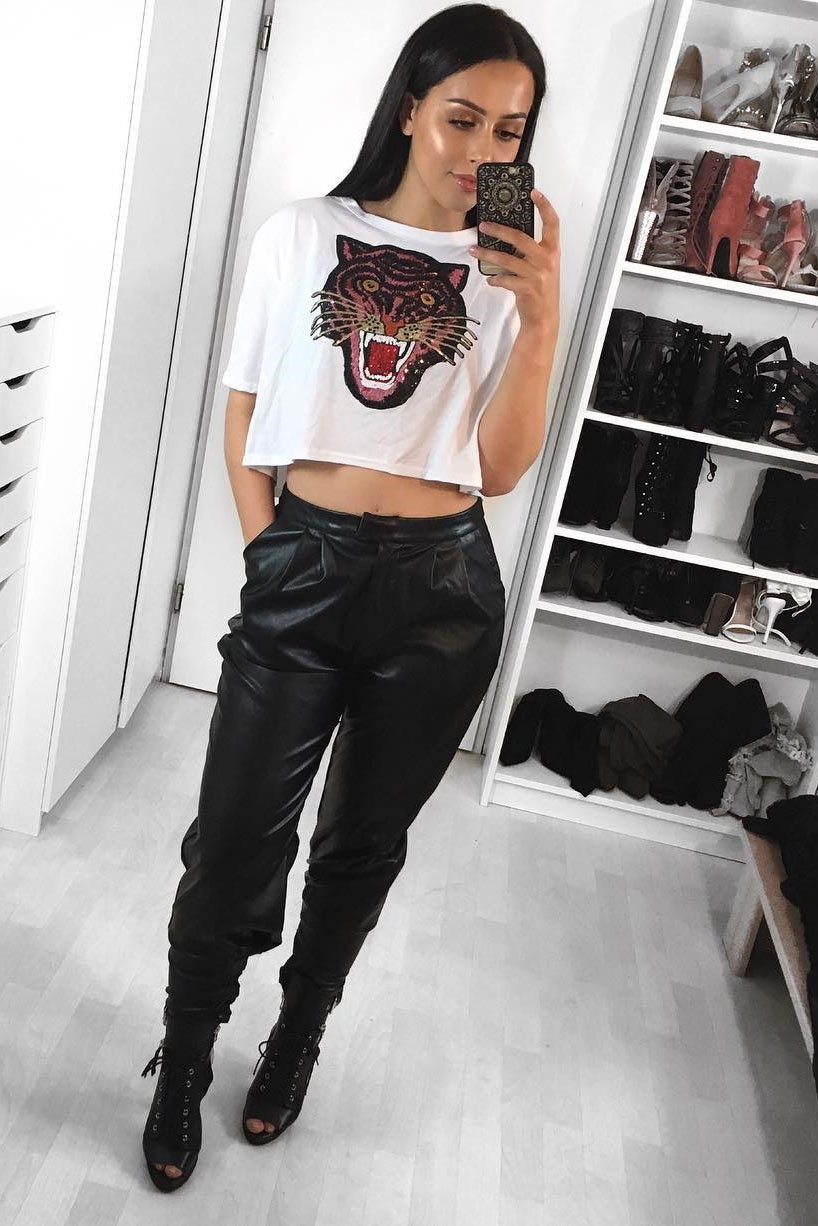 White Cropped Tee with Applique Sequin Tiger - Avery-Tops