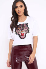 White Cropped Tee with Applique Sequin Tiger - Avery-Tops