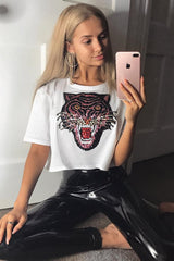 White Cropped Tee with Applique Sequin Tiger - Avery-Tops