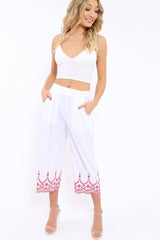 White Cropped Wide Leg Trousers - Eliana-Trousers