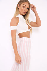 White Cross Front Cold Shoulder Crop Top - Kenzli-Tops