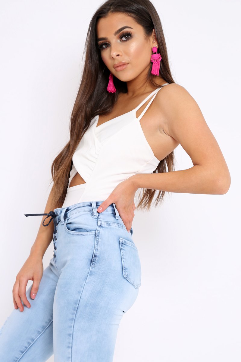 White Cross Over Cut Out Bodysuit - Safia-Bodysuits