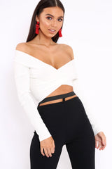 White Cross Over Front Bardot Top - Cardie-Tops