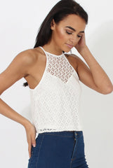 White Crotchet High Neck Top - Azaela-Tops