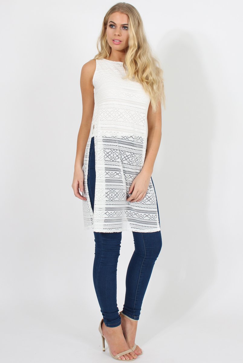 White Crotchet Side Split Top - Lottie-Tops