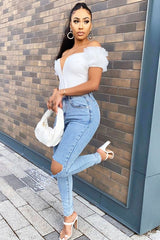 White Deep Plunge Frill Shoulder Bodysuit - Danity-Bodysuits