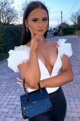 White Deep Plunge Frill Shoulder Bodysuit - Danity-Bodysuits