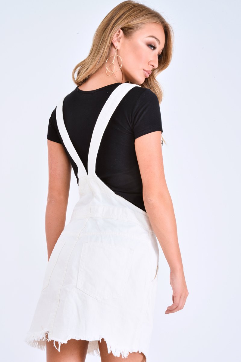 White Denim Distressed Dungaree Dress - Crescentia-Dresses
