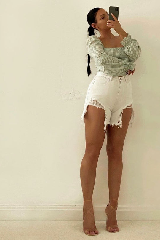 White Denim Extreme Rip Front Shorts - Aarya