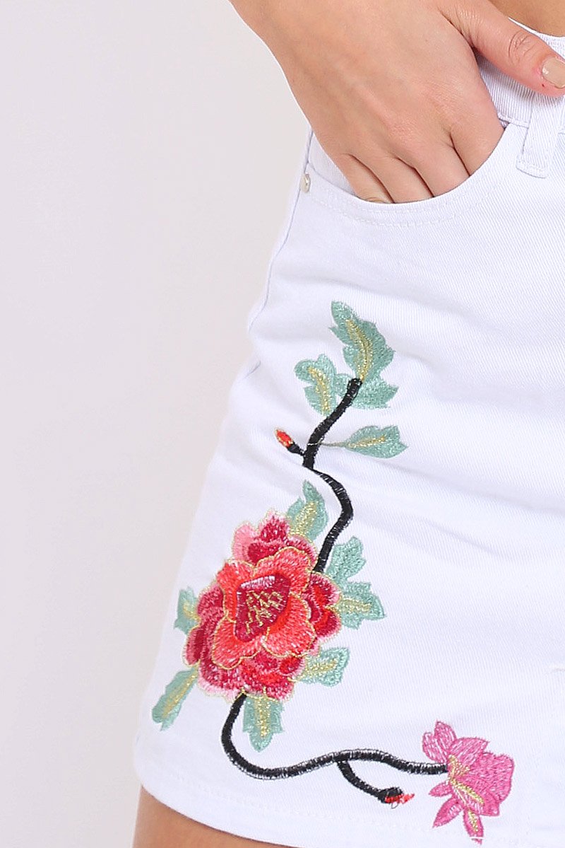 White Denim Floral Embroidered Button Front Skirt - River-Skirts