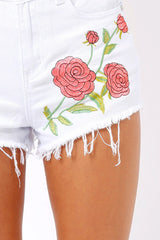 White Denim Frayed Ripped Applique Shorts - Rayleigh-Shorts