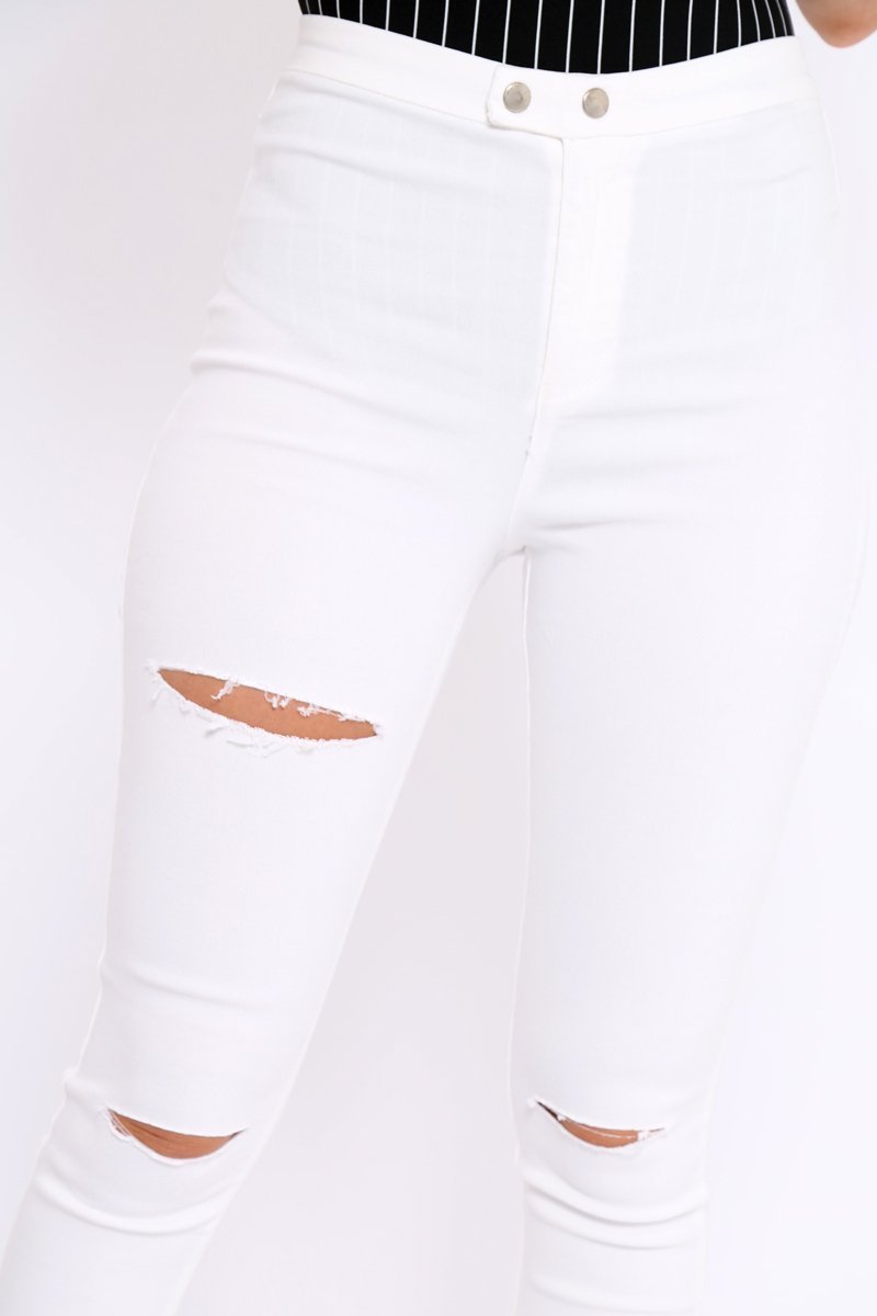 White Denim High Waist Distressed Jeans - Demmy-Jeans