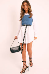 White Denim Shirred Panel Shirt Dress - Bernie-Dresses