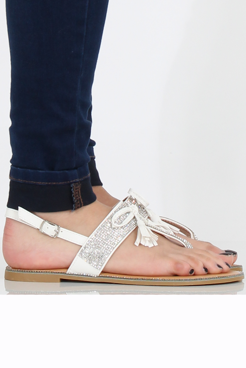 White Diamante Bow Detail Sandals- Tereza-Sandals