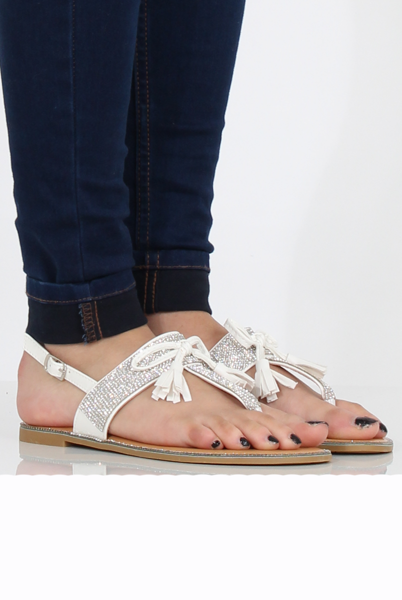 White Diamante Bow Detail Sandals- Tereza-Sandals