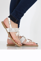 White Diamante Bow Detail Sandals- Tereza-Sandals