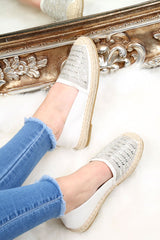 White Diamante Embellished Espadrilles - Mazie-Flats