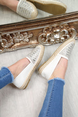 White Diamante Embellished Espadrilles - Mazie-Flats
