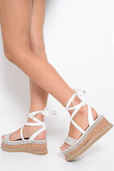 White Diamante Embellished Lace Up Wedges - Phillis-Wedges