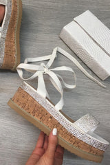 White Diamante Embellished Lace Up Wedges - Phillis-Wedges