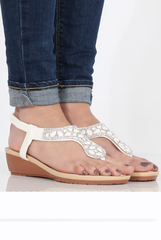 White Diamante Sling Back Toe Bar Sandals - Mara-Sandals