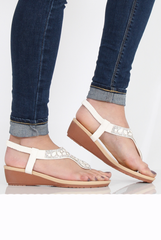 White Diamante Sling Back Toe Bar Sandals - Mara-Sandals
