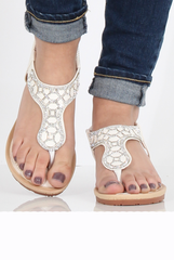 White Diamante Sling Back Toe Bar Sandals - Mara-Sandals