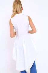 White Dip Hem Sleeveless Shirt - Kiannah-Tops
