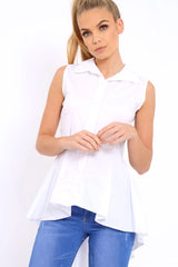 White Dip Hem Sleeveless Shirt - Kiannah-Tops