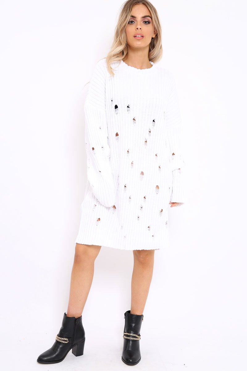 White Distressed Cable Knit Jumper Dress - Abea-Dresses