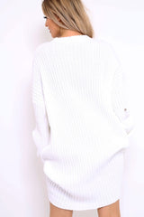 White Distressed Cable Knit Jumper Dress - Abea-Dresses