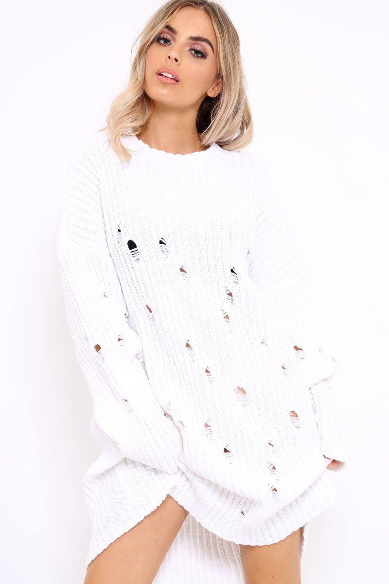 White Distressed Cable Knit Jumper Dress - Abea-Dresses