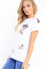 White Distressed Embellished T-Shirt - Arya-Tops