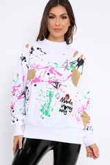 White Distressed Paint Splatter Jumper - Mina-Jumper