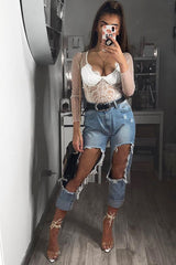 White Dobby Mesh Low Cut Bodysuit - Tamara-Bodysuits