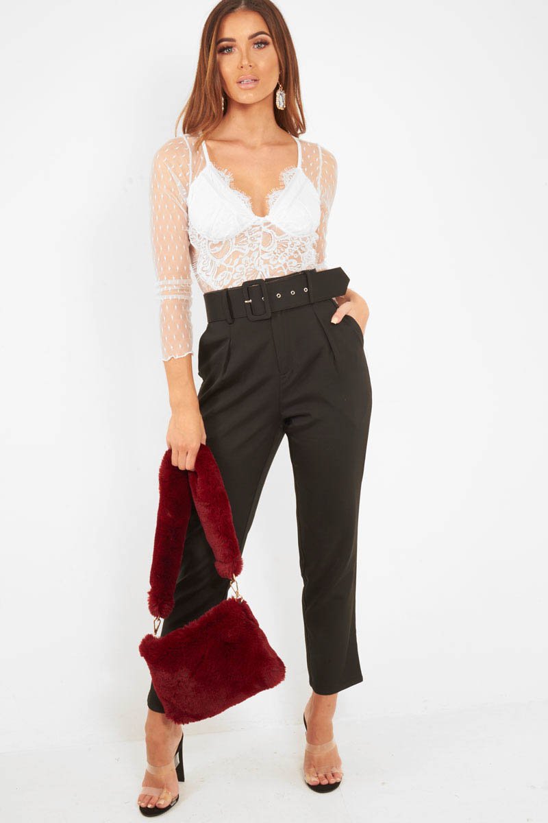 White Dobby Mesh Low Cut Bodysuit - Tamara-Bodysuits