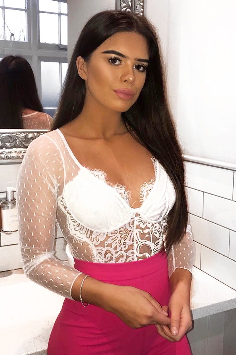 White Dobby Mesh Low Cut Bodysuit - Tamara-Bodysuits